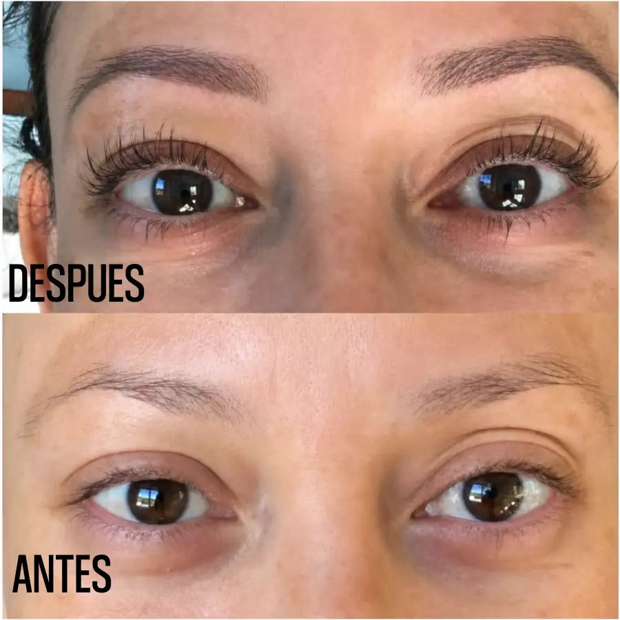 Comparación antes y después de cejas y pestañas con uso de sérum Alma Lashes