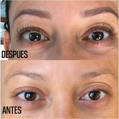 Comparación antes y después de cejas y pestañas con uso de sérum Alma Lashes