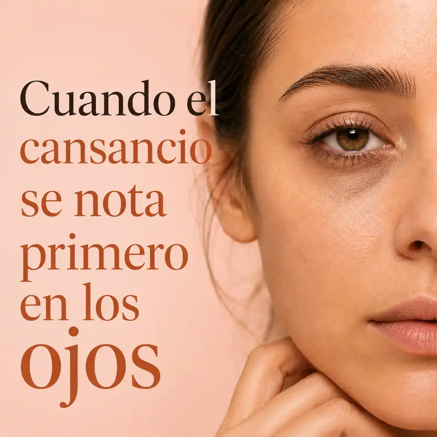 Mujer mostrando el contorno de ojos con signos de cansancio y ojeras