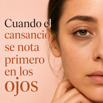 Mujer mostrando el contorno de ojos con signos de cansancio y ojeras