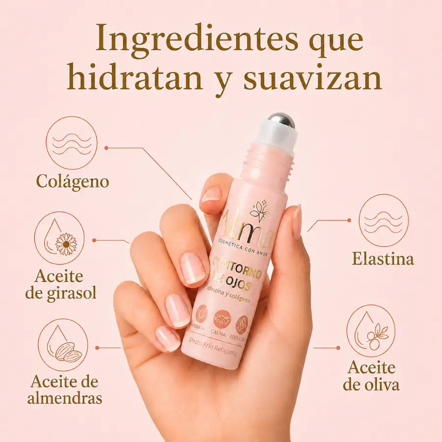 Contorno de ojos Alma con colágeno, elastina, aceite de girasol, aceite de almendras y aceite de oliva para hidratar y suavizar la zona de los ojos.