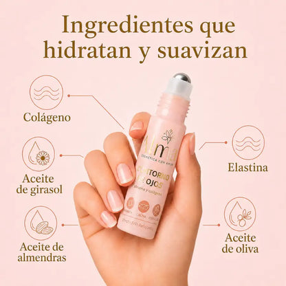 Contorno de ojos Alma con colágeno, elastina, aceite de girasol, aceite de almendras y aceite de oliva para hidratar y suavizar la zona de los ojos.